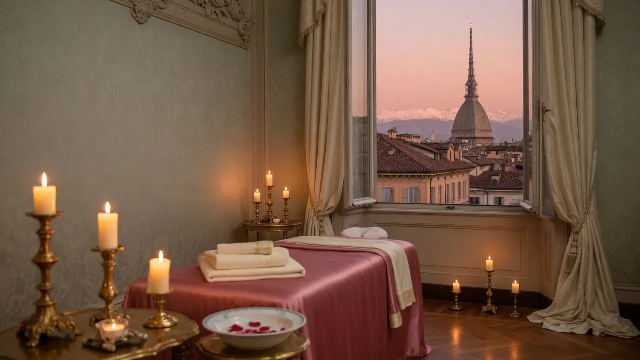Erotic massage in Turin: a candlelit massage room in a baroque palazzo, the window open on the Mole Antonelliana and the Alps at dusk